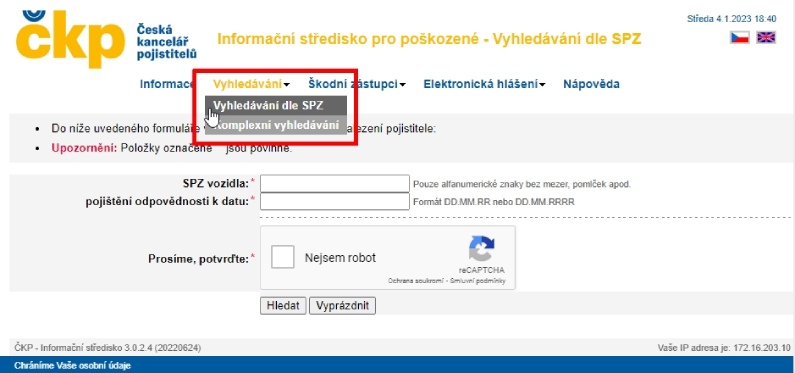 Ověření pojištění vozidla: web ČKP s vyhledáváním vozidla dle SPZ.